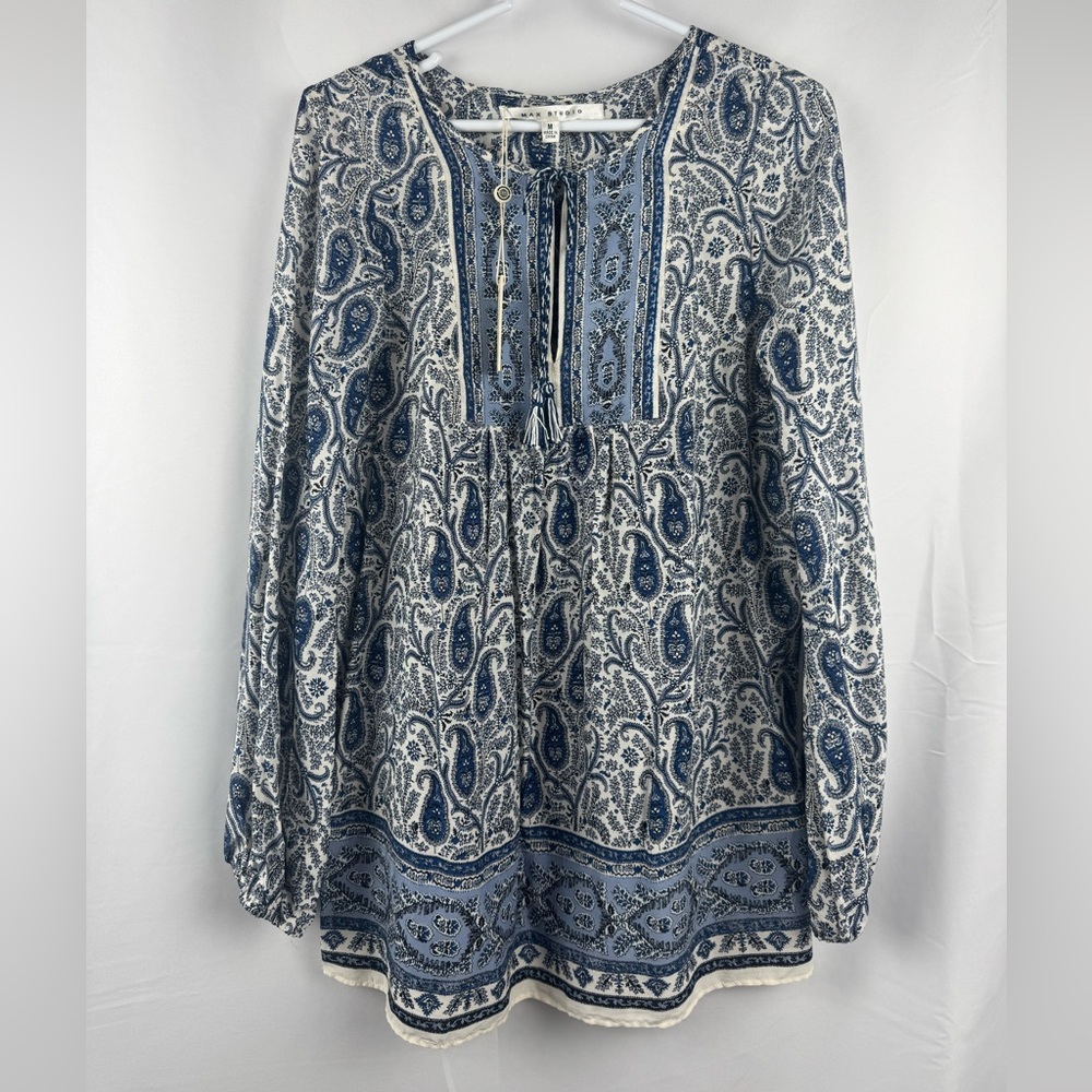 NWT Max Studio L/S Boho Peasant Blouse Shirt Size M Blue Paisley Floral Rayon